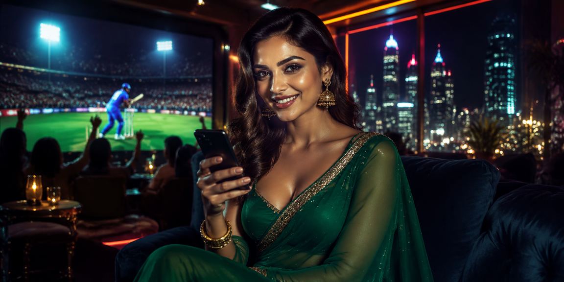 Indian woman enjoying cricket betting with saree festival backdrop